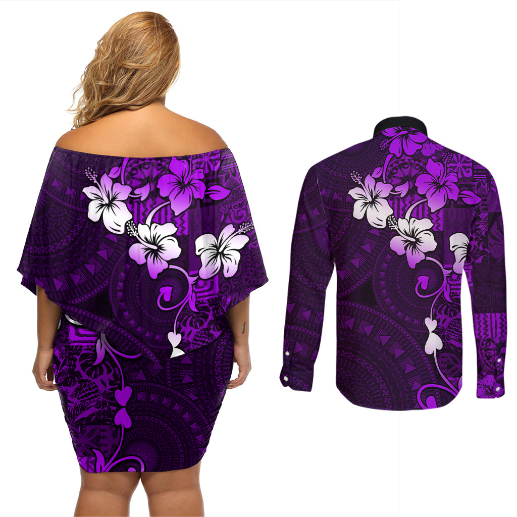 Fiji Masi Couples Matching Off Shoulder Short Dress and Long Sleeve Button Shirt Fijian Hibiscus Tapa Purple Version LT01 - Polynesian Pride