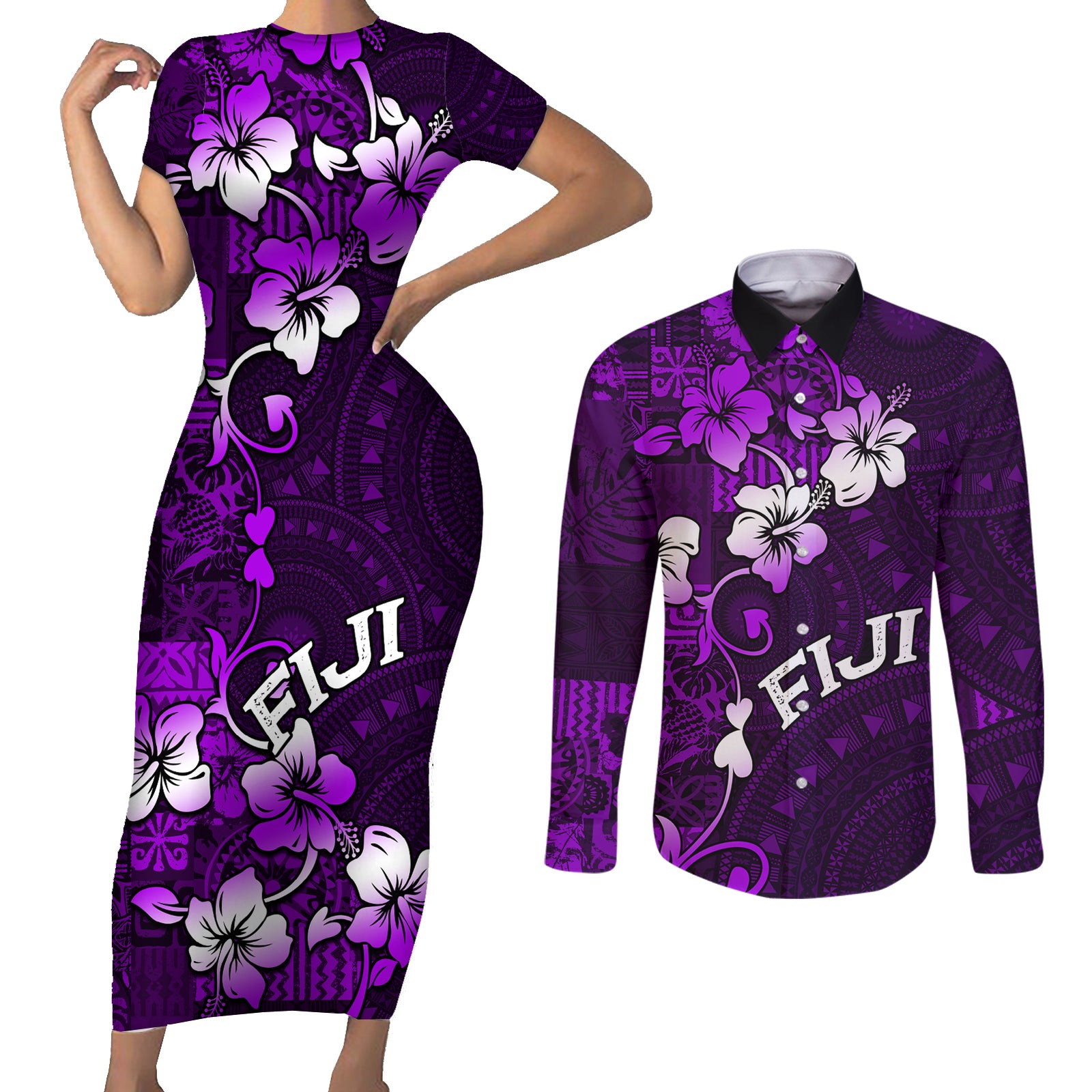 Fiji Masi Couples Matching Short Sleeve Bodycon Dress and Long Sleeve Button Shirt Fijian Hibiscus Tapa Purple Version LT01 Purple - Polynesian Pride