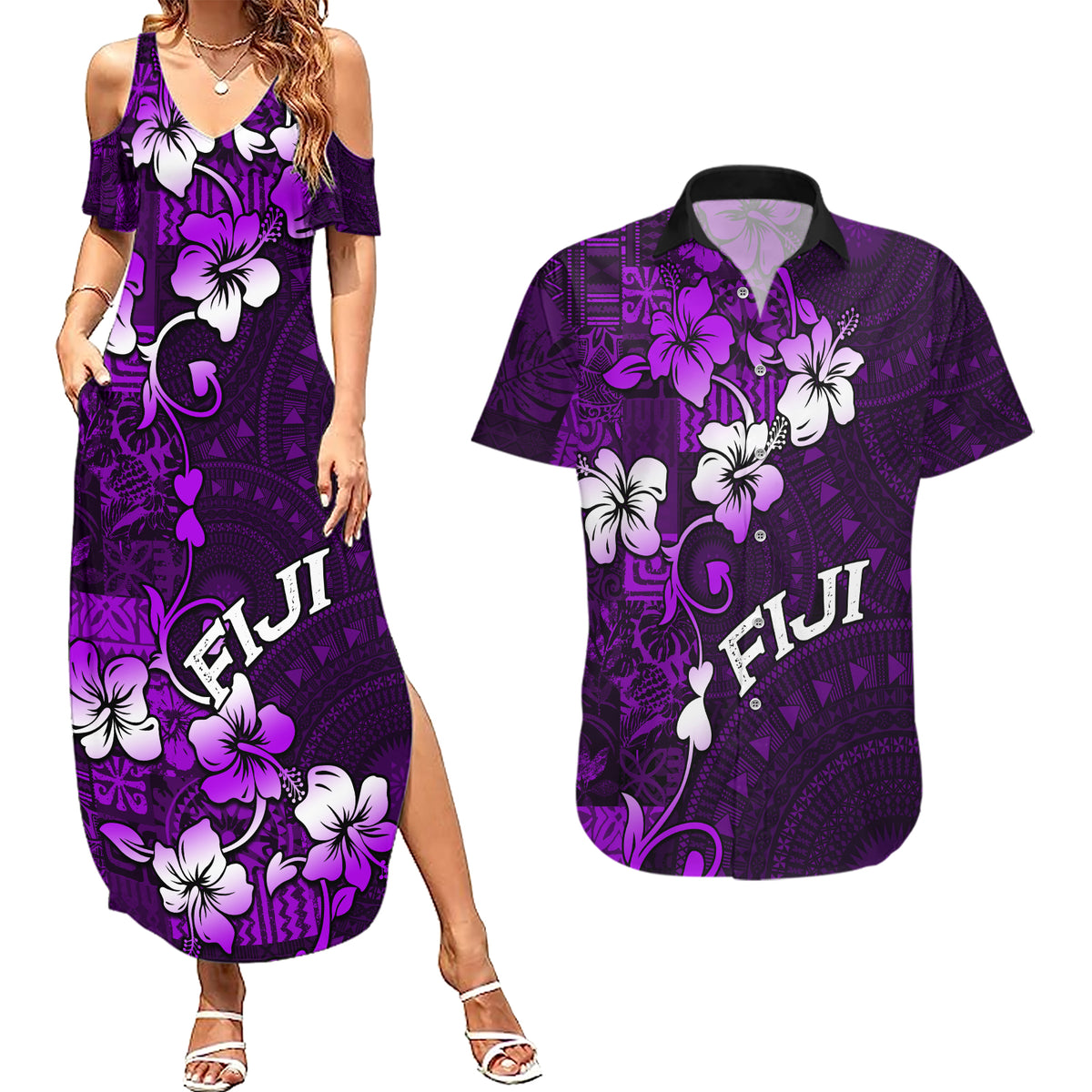 Fiji Masi Couples Matching Summer Maxi Dress and Hawaiian Shirt Fijian Hibiscus Tapa Purple Version LT01 Purple - Polynesian Pride