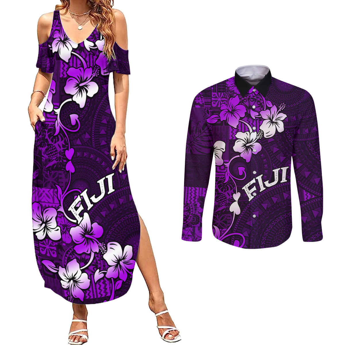 Fiji Masi Couples Matching Summer Maxi Dress and Long Sleeve Button Shirt Fijian Hibiscus Tapa Purple Version LT01 Purple - Polynesian Pride