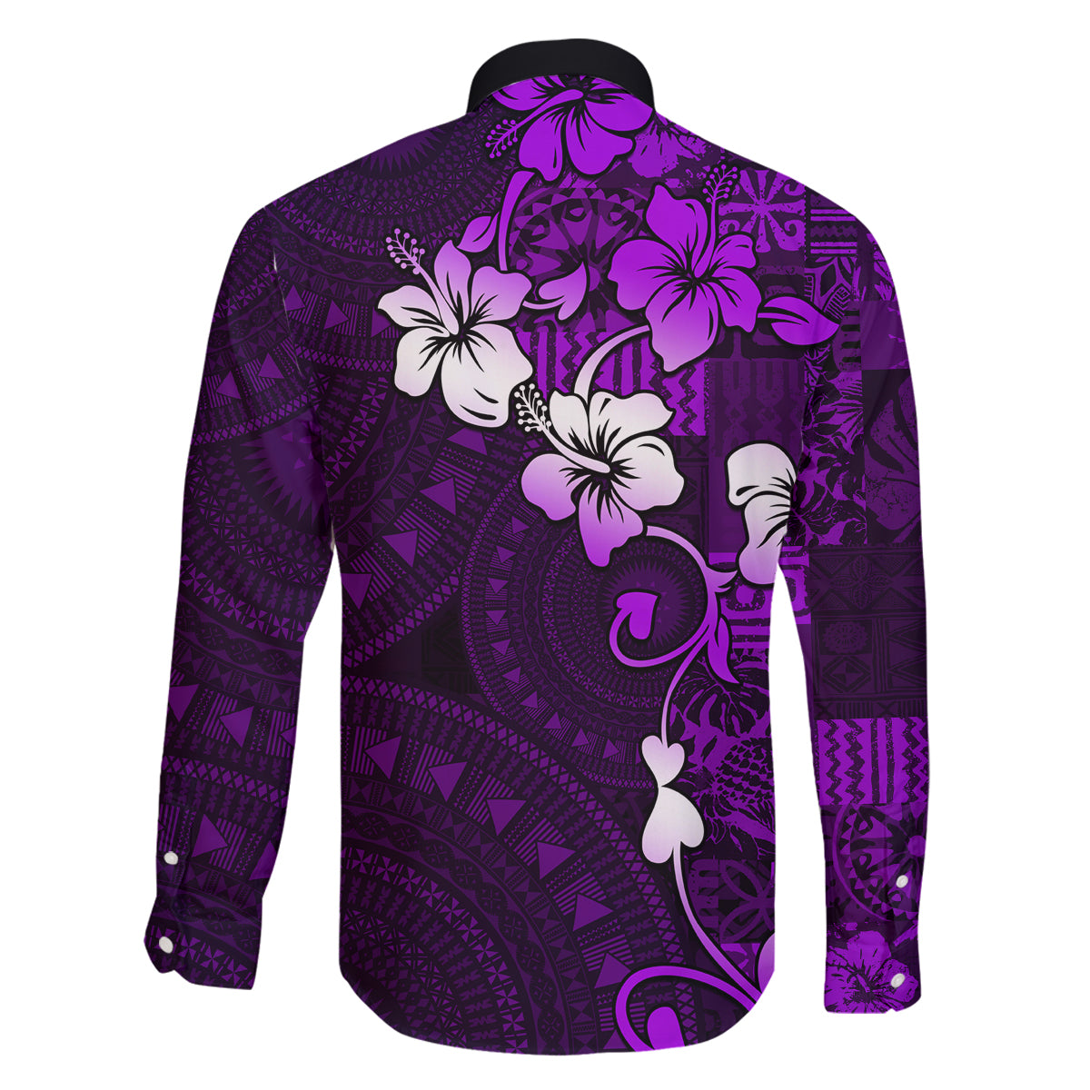 Fiji Masi Family Matching Off Shoulder Long Sleeve Dress and Hawaiian Shirt Fijian Hibiscus Tapa Purple Version LT01 - Polynesian Pride