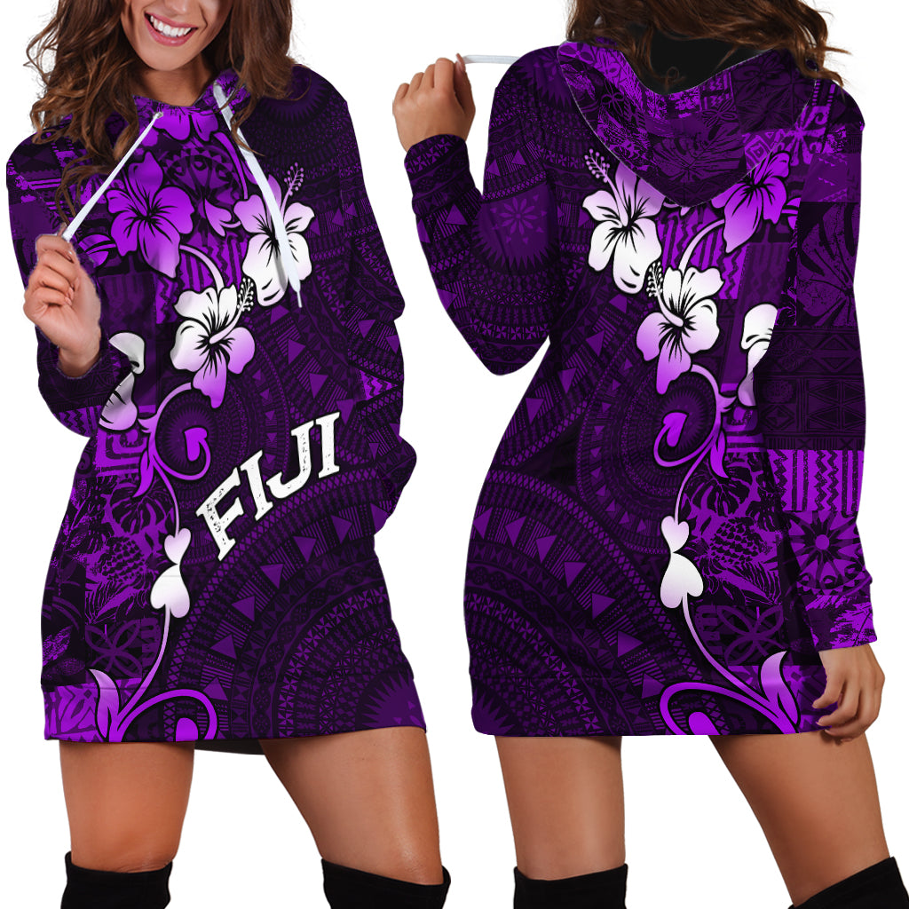 Fiji Masi Hoodie Dress Fijian Hibiscus Tapa Purple Version LT01 - Polynesian Pride