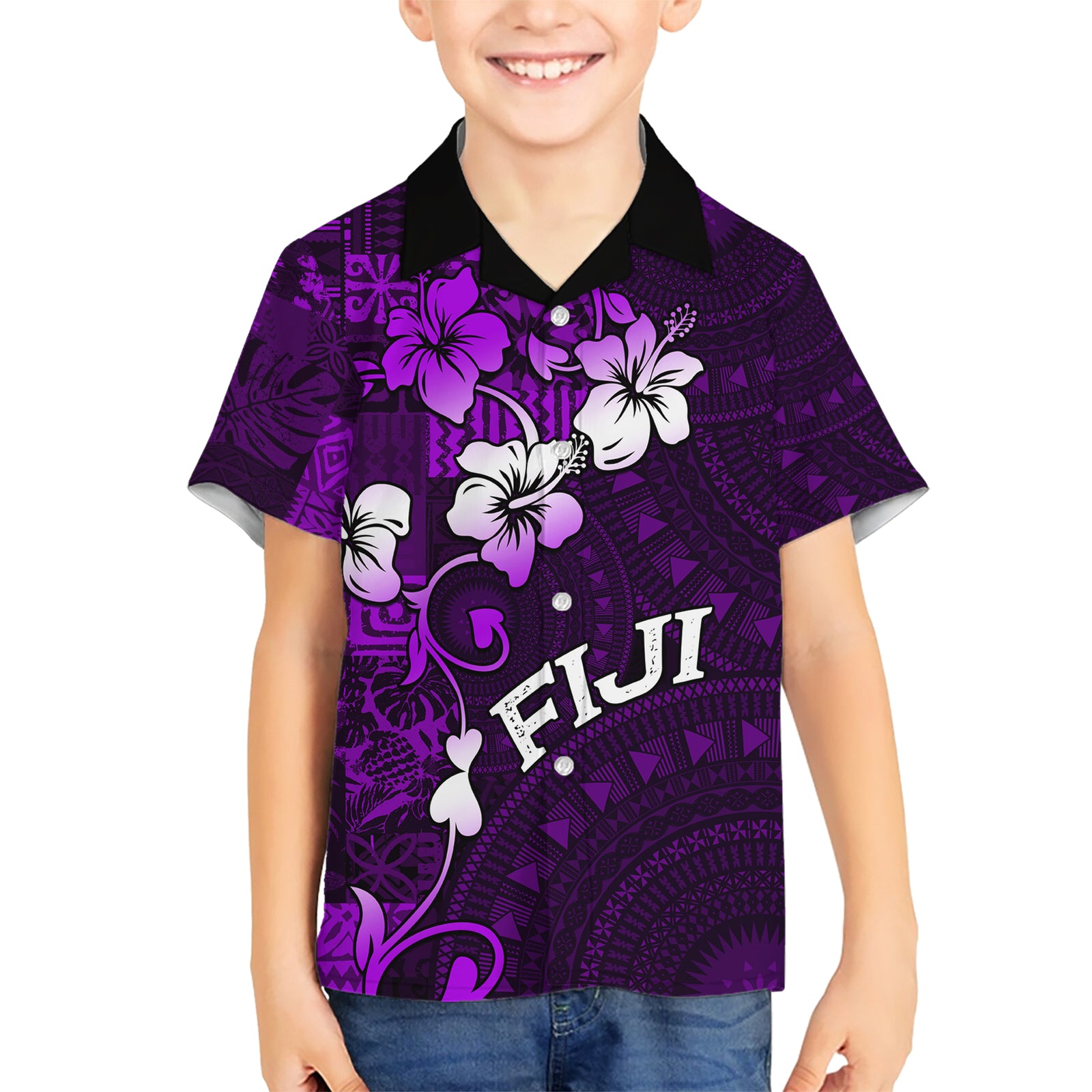 Fiji Masi Kid Hawaiian Shirt Fijian Hibiscus Tapa Purple Version LT01 Kid Purple - Polynesian Pride