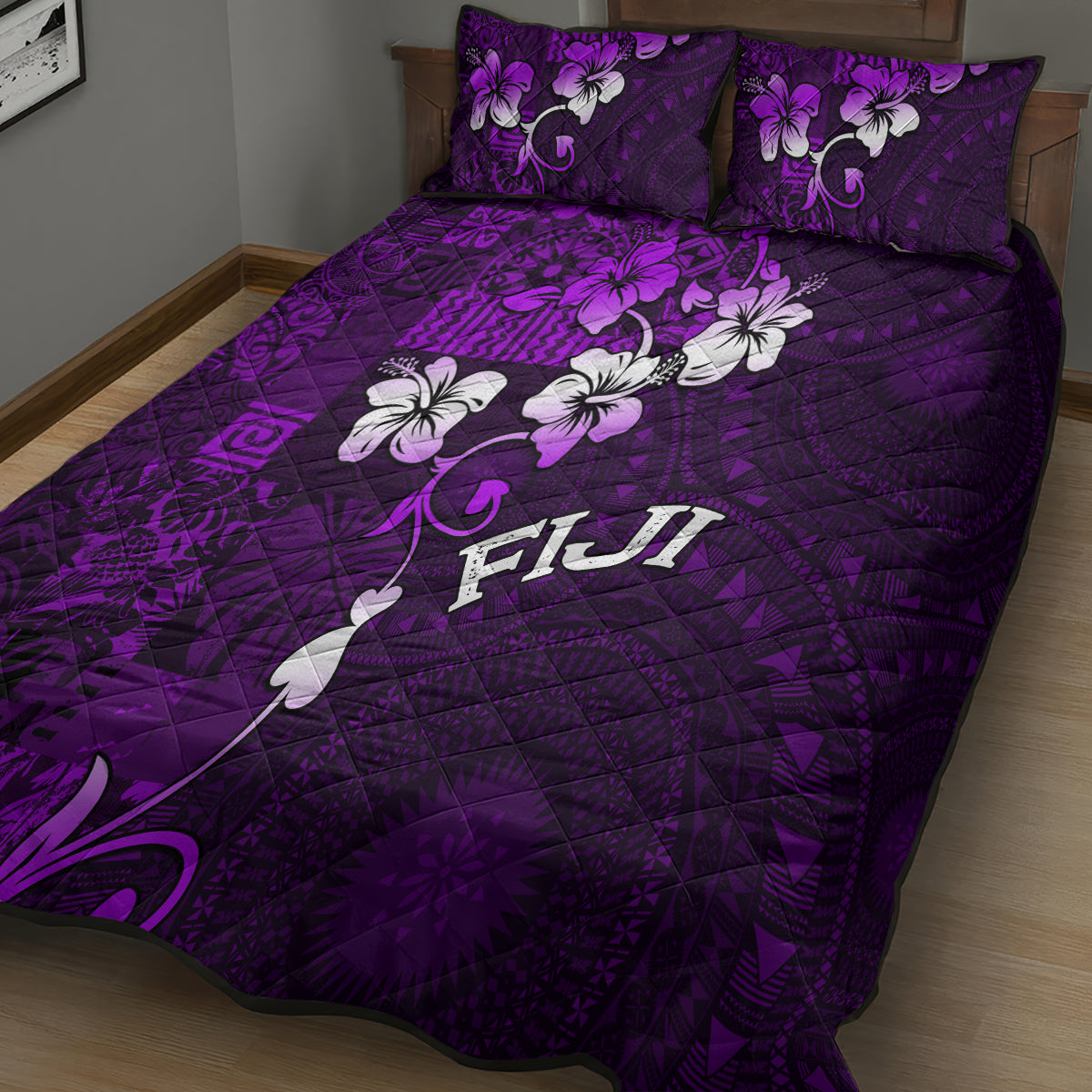 Fiji Masi Quilt Bed Set Fijian Hibiscus Tapa Purple Version LT01 - Polynesian Pride