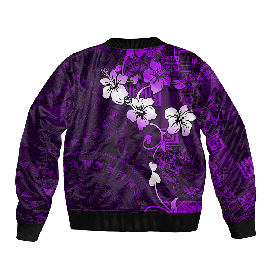 Fiji Masi Sleeve Zip Bomber Jacket Fijian Hibiscus Tapa Purple Version LT01 - Polynesian Pride