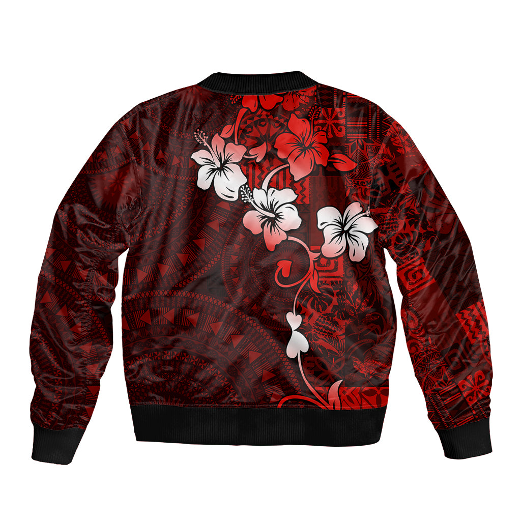 Fiji Masi Bomber Jacket Fijian Hibiscus Tapa Red Version LT01 - Polynesian Pride