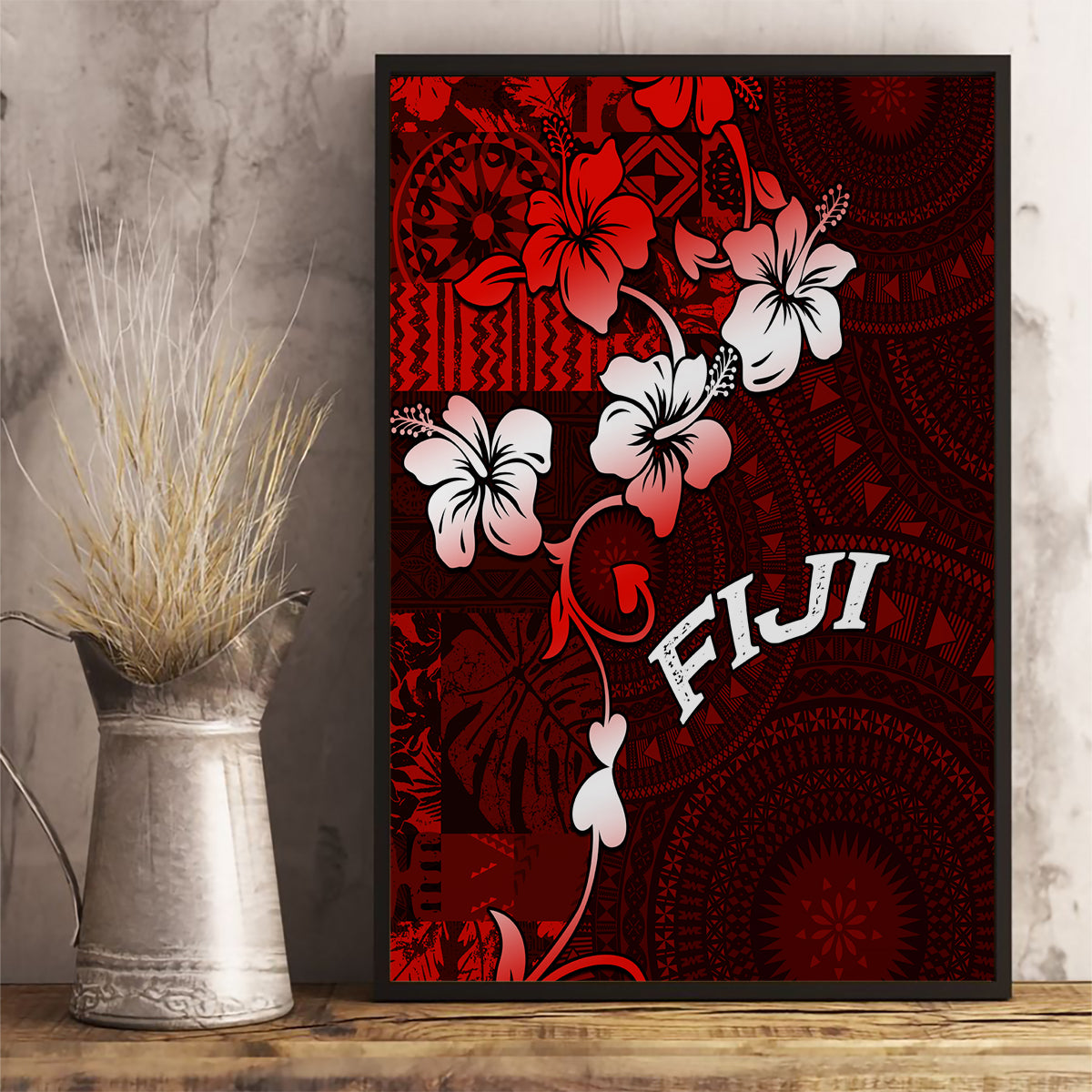 Fiji Masi Canvas Wall Art Fijian Hibiscus Tapa Red Version LT01 - Polynesian Pride