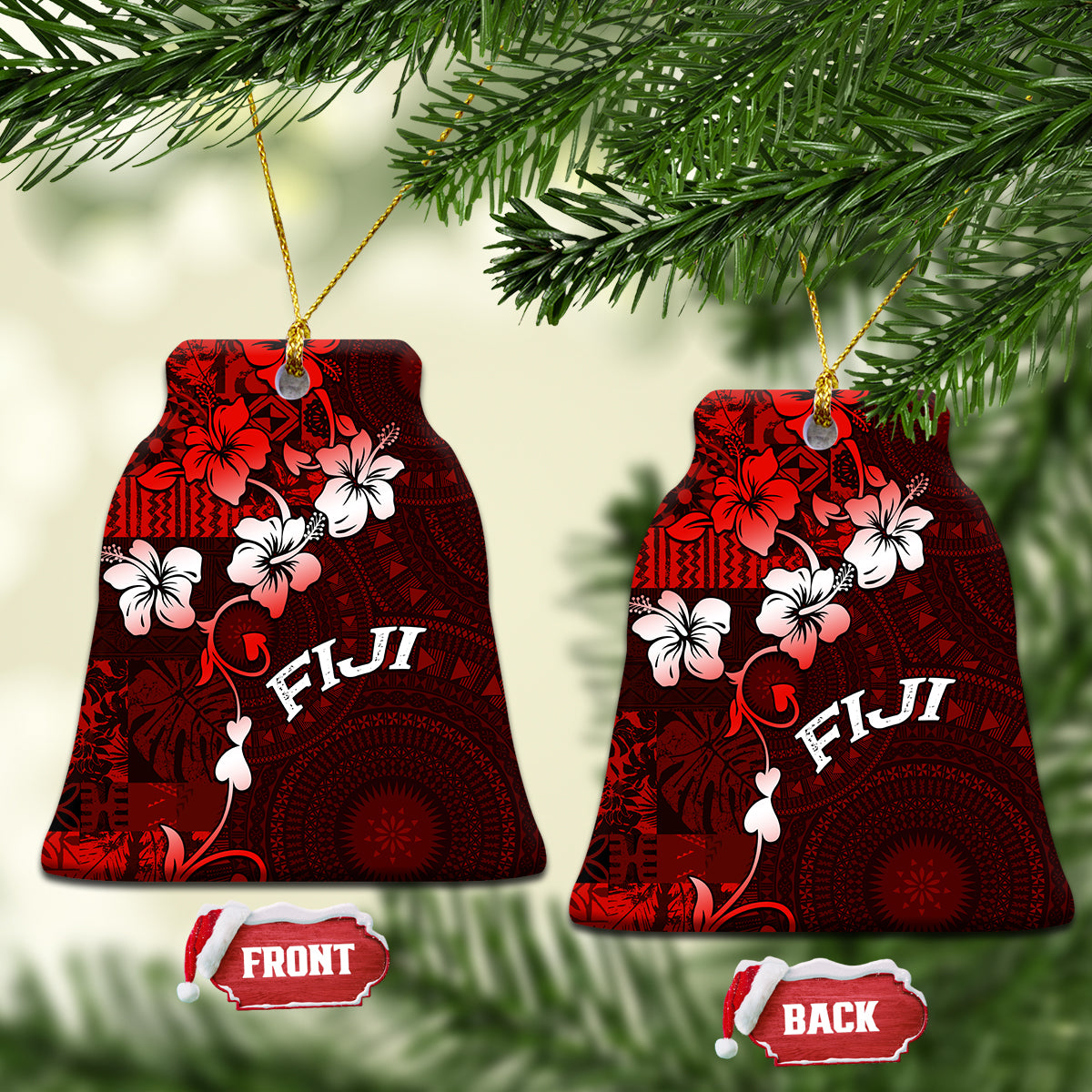 Fiji Masi Ceramic Ornament Fijian Hibiscus Tapa Red Version LT01 Bell Flake Red - Polynesian Pride