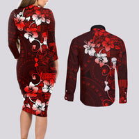 Fiji Masi Couples Matching Long Sleeve Bodycon Dress and Long Sleeve Button Shirt Fijian Hibiscus Tapa Red Version LT01 - Polynesian Pride