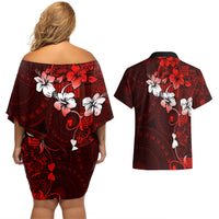 Fiji Masi Couples Matching Off Shoulder Short Dress and Hawaiian Shirt Fijian Hibiscus Tapa Red Version LT01 - Polynesian Pride