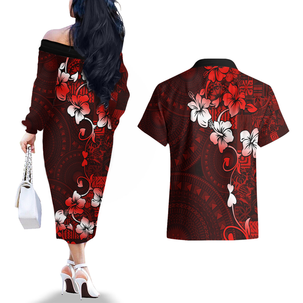 Fiji Masi Couples Matching Off The Shoulder Long Sleeve Dress and Hawaiian Shirt Fijian Hibiscus Tapa Red Version LT01 - Polynesian Pride