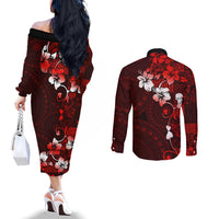 Fiji Masi Couples Matching Off The Shoulder Long Sleeve Dress and Long Sleeve Button Shirt Fijian Hibiscus Tapa Red Version LT01 - Polynesian Pride