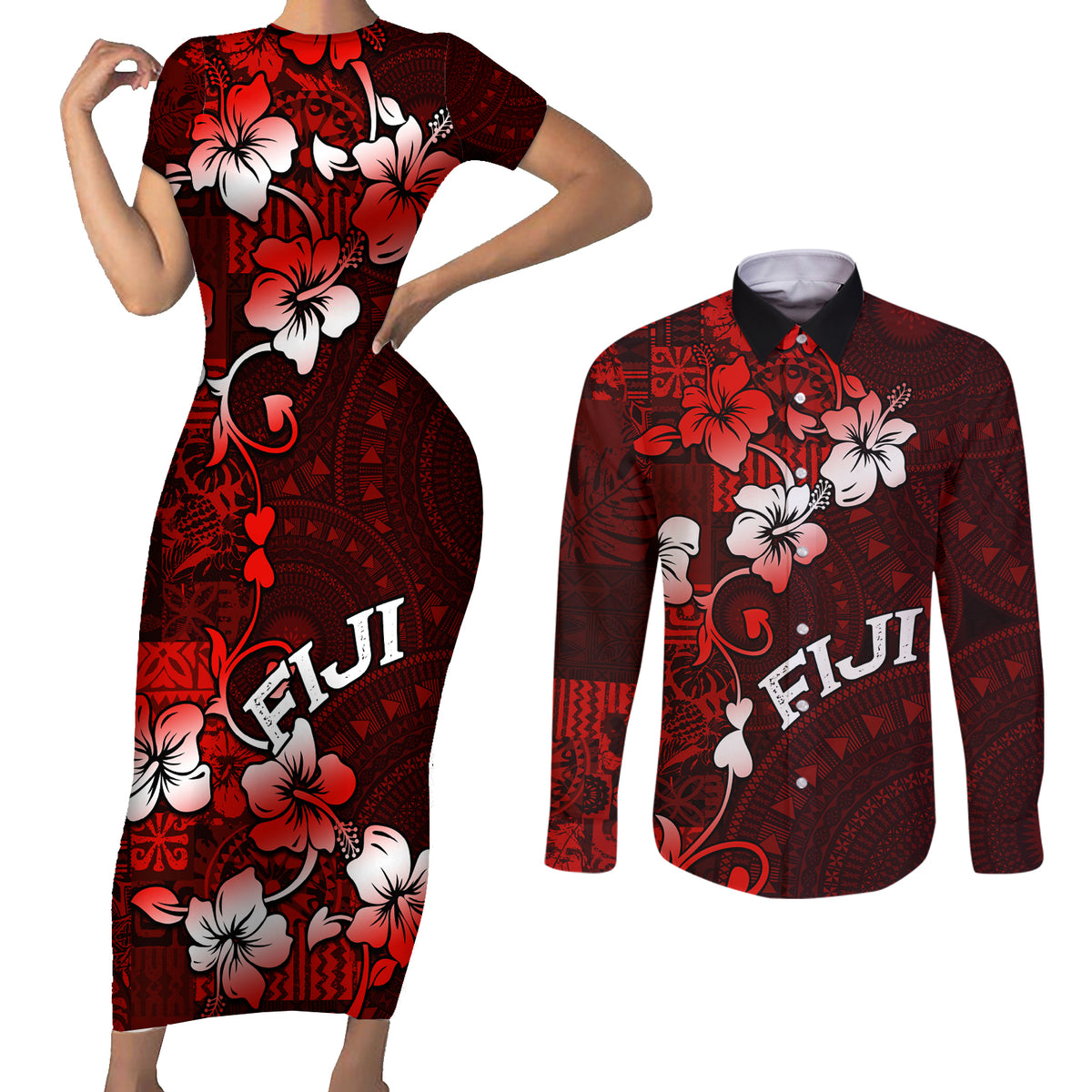 Fiji Masi Couples Matching Short Sleeve Bodycon Dress and Long Sleeve Button Shirt Fijian Hibiscus Tapa Red Version LT01 Red - Polynesian Pride