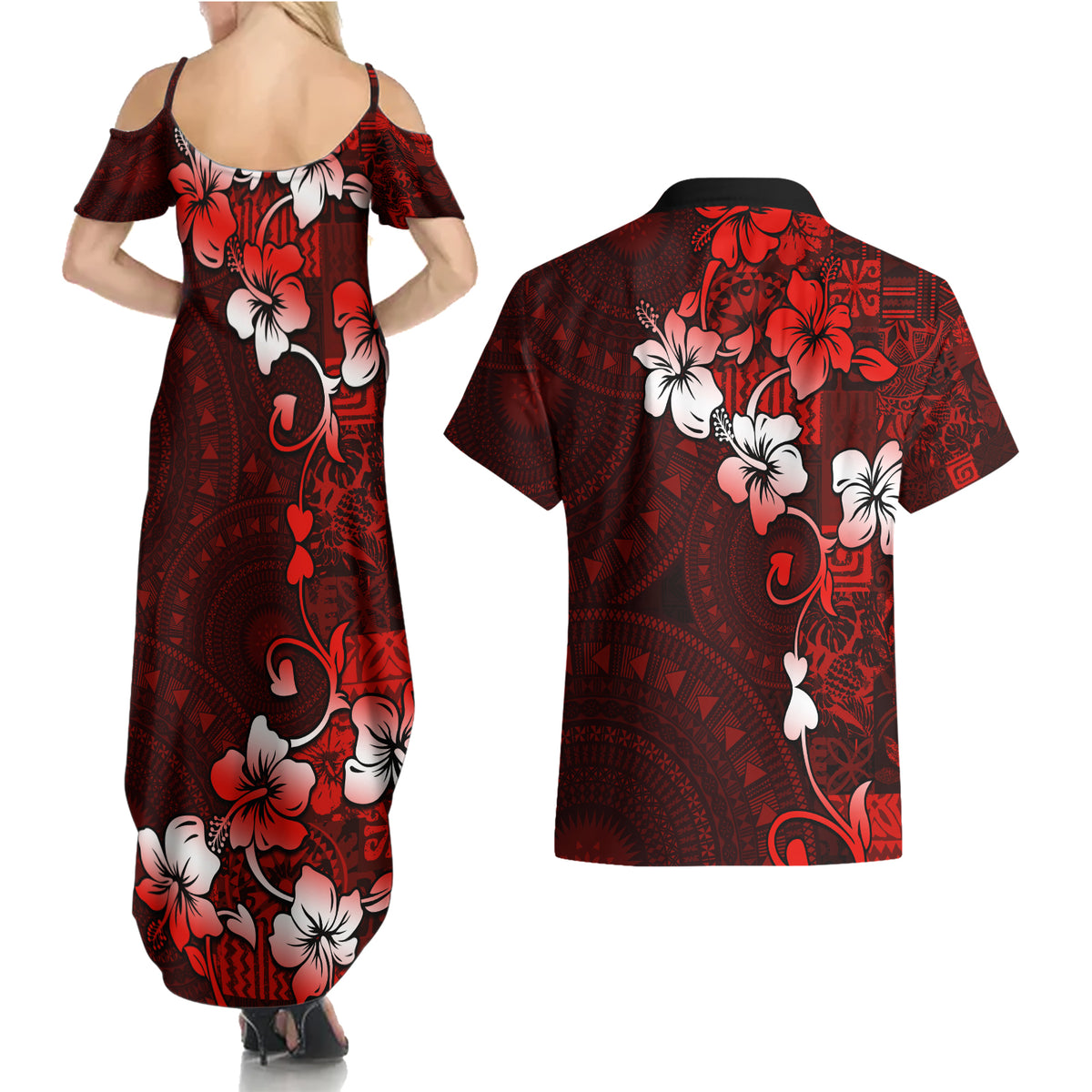 Fiji Masi Couples Matching Summer Maxi Dress and Hawaiian Shirt Fijian Hibiscus Tapa Red Version LT01 - Polynesian Pride