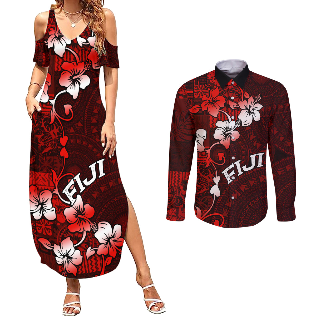Fiji Masi Couples Matching Summer Maxi Dress and Long Sleeve Button Shirt Fijian Hibiscus Tapa Red Version LT01 Red - Polynesian Pride