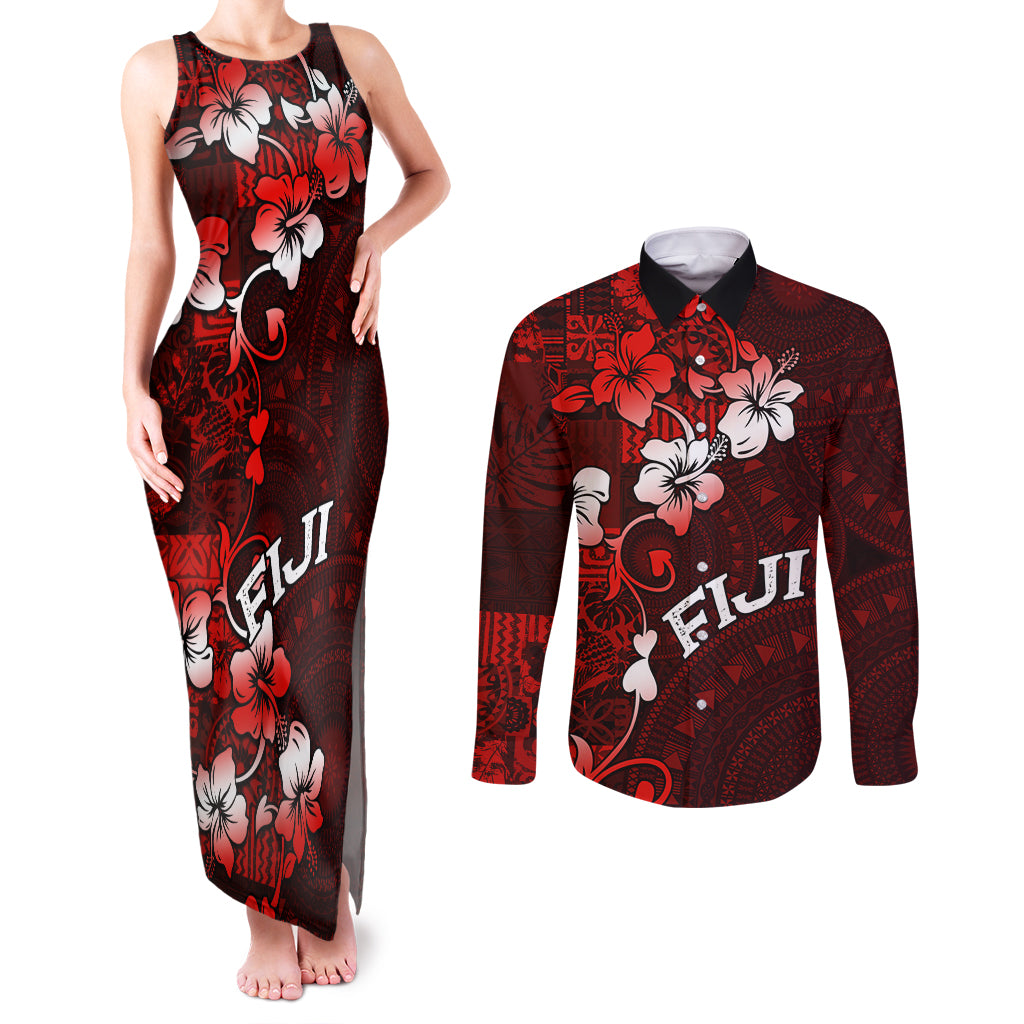 Fiji Masi Couples Matching Tank Maxi Dress and Long Sleeve Button Shirt Fijian Hibiscus Tapa Red Version LT01 Red - Polynesian Pride