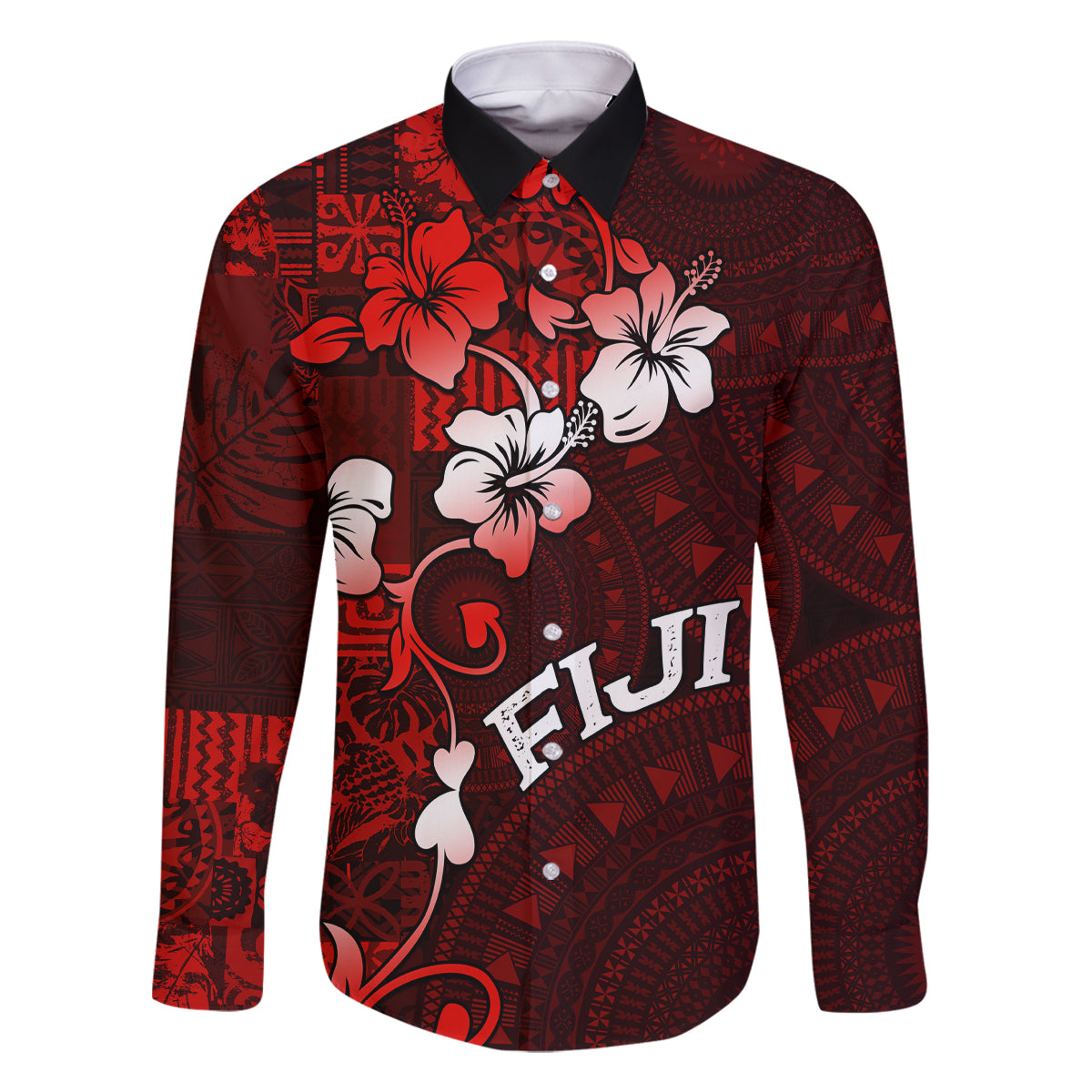 Fiji Masi Family Matching Long Sleeve Bodycon Dress and Hawaiian Shirt Fijian Hibiscus Tapa Red Version LT01 Dad's Shirt - Long Sleeve Red - Polynesian Pride