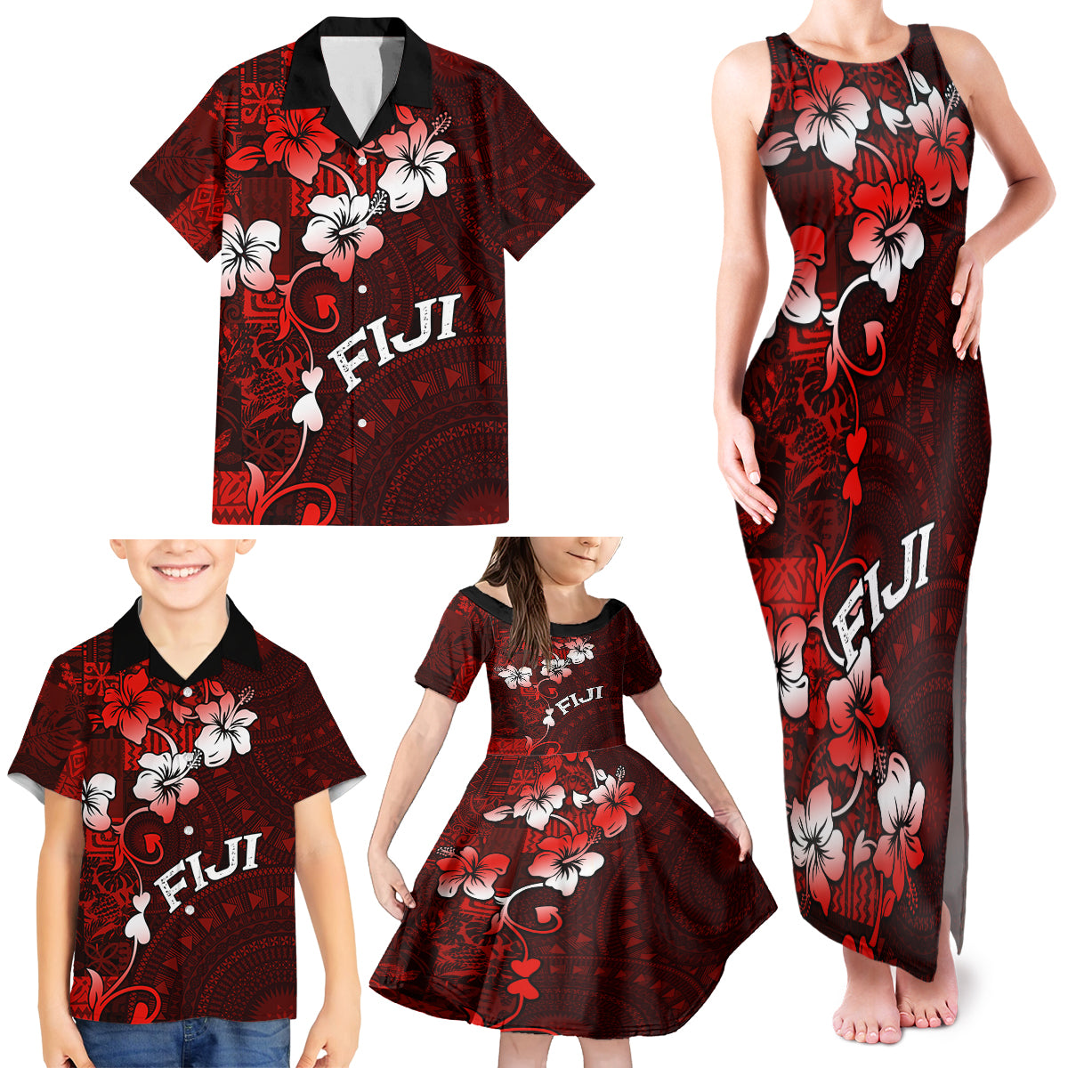 Fiji Masi Family Matching Tank Maxi Dress and Hawaiian Shirt Fijian Hibiscus Tapa Red Version LT01 - Polynesian Pride