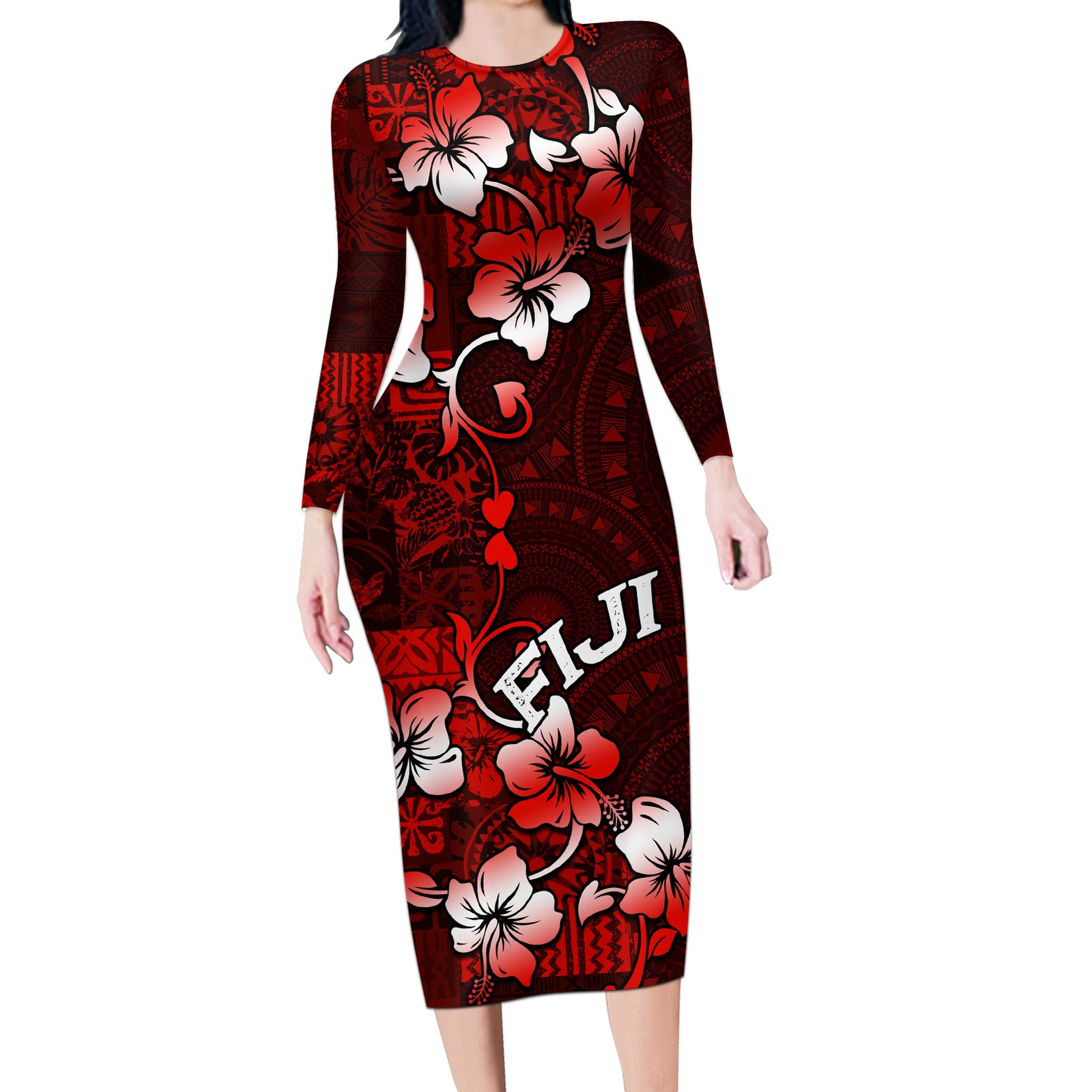 Fiji Masi Long Sleeve Bodycon Dress Fijian Hibiscus Tapa Red Version LT01 Long Dress Red - Polynesian Pride