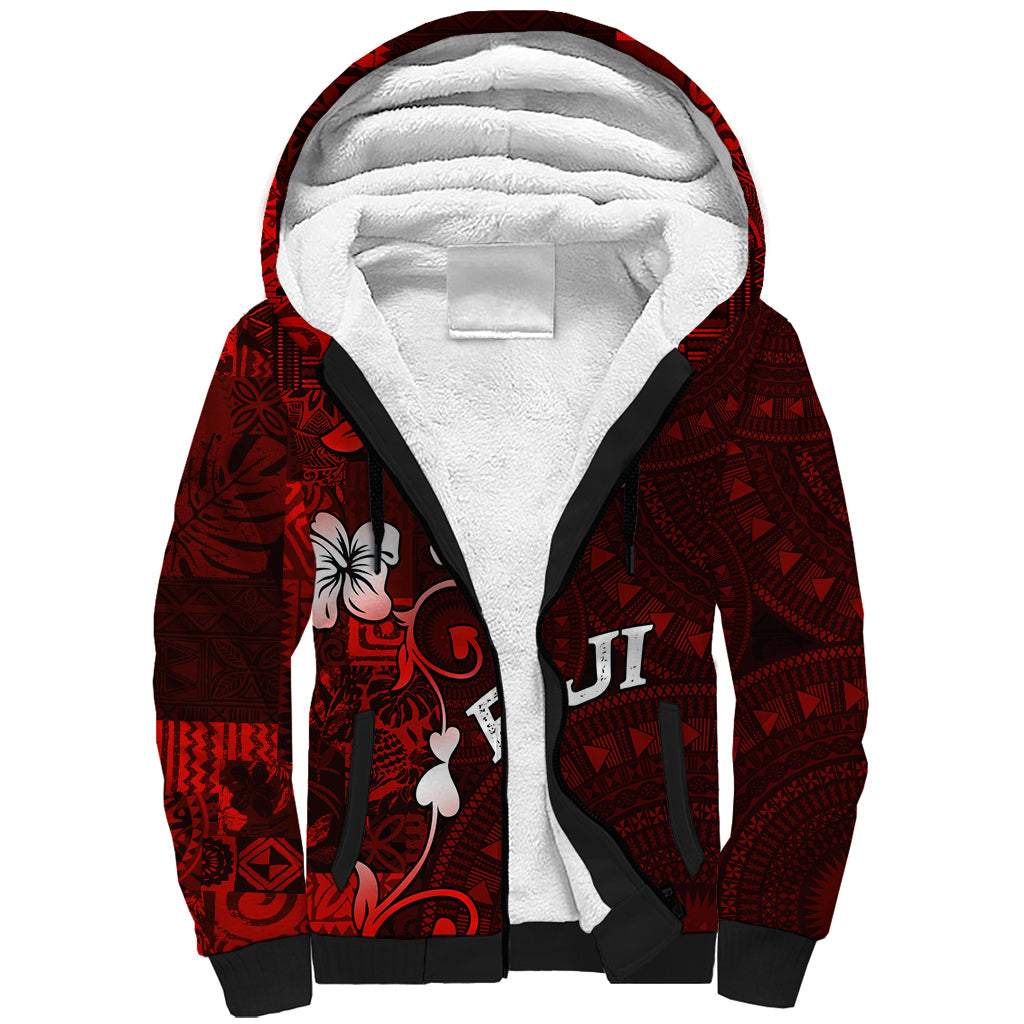 Fiji Masi Sherpa Hoodie Fijian Hibiscus Tapa Red Version LT01 Unisex Red - Polynesian Pride