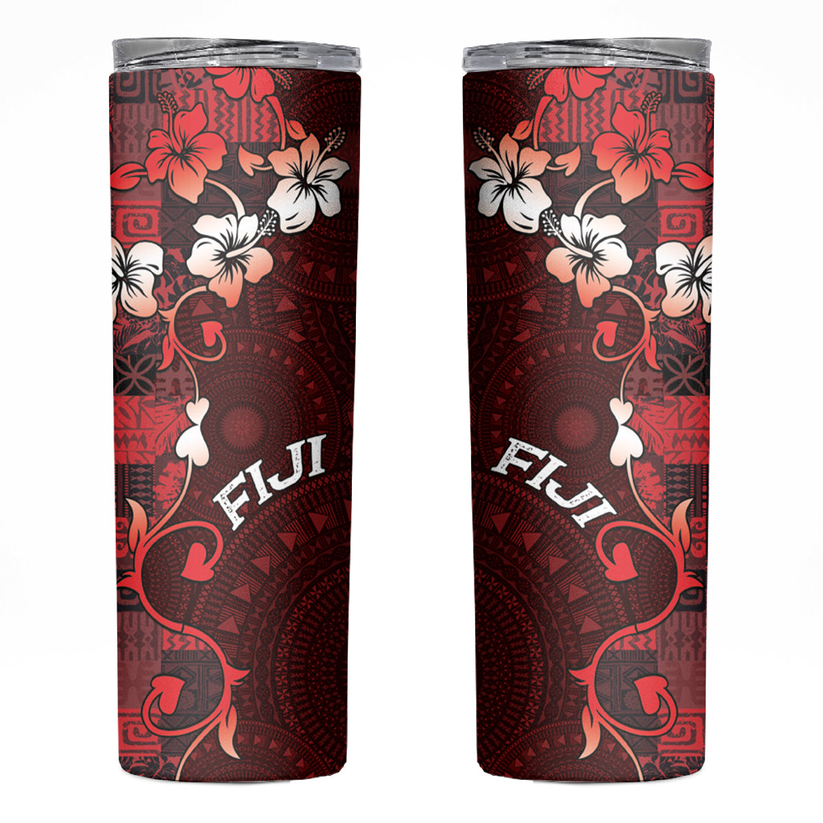 Fiji Masi Skinny Tumbler Fijian Hibiscus Tapa Red Version