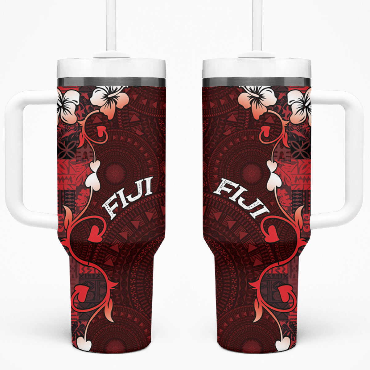 Fiji Masi Tumbler With Handle Fijian Hibiscus Tapa Red Version