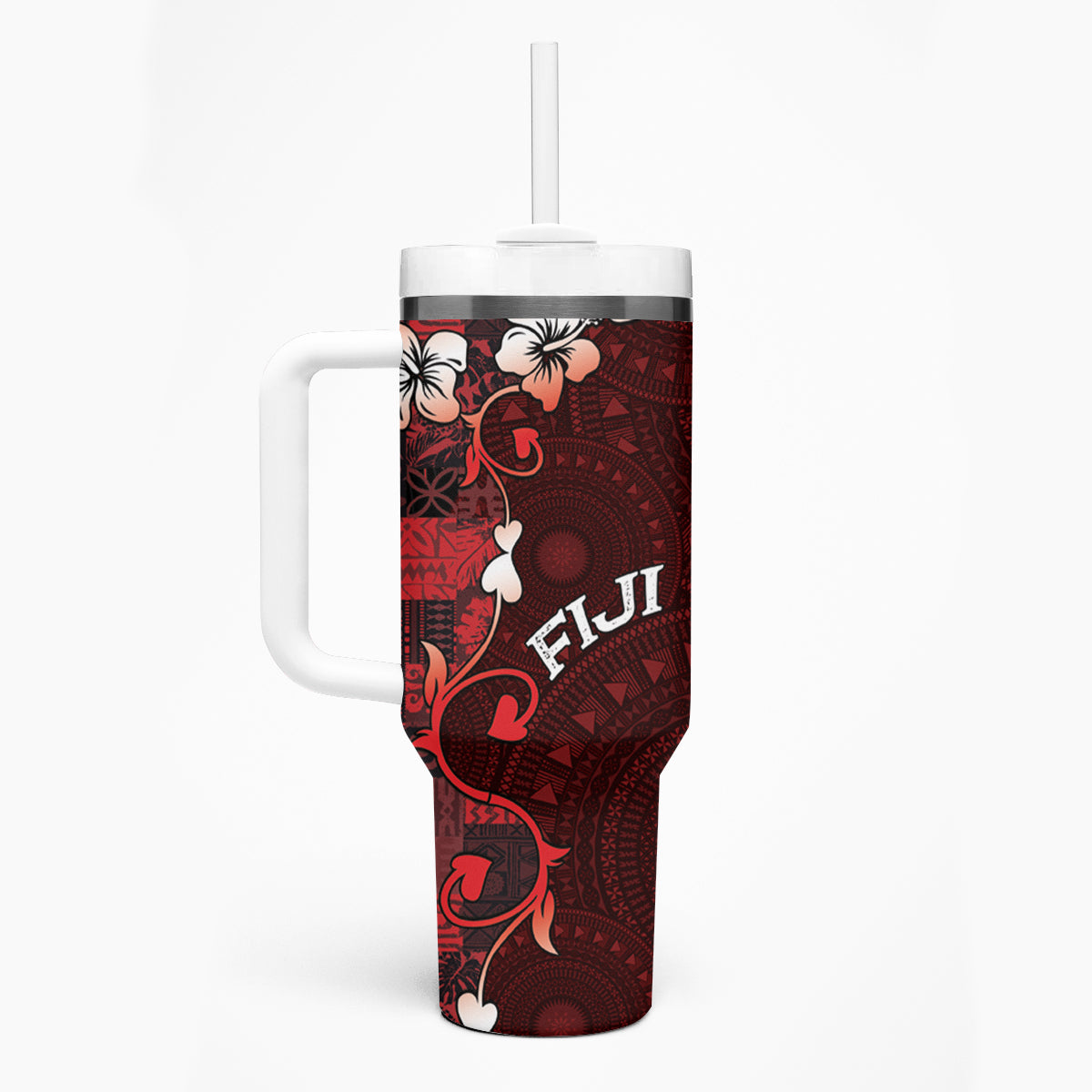 Fiji Masi Tumbler With Handle Fijian Hibiscus Tapa Red Version