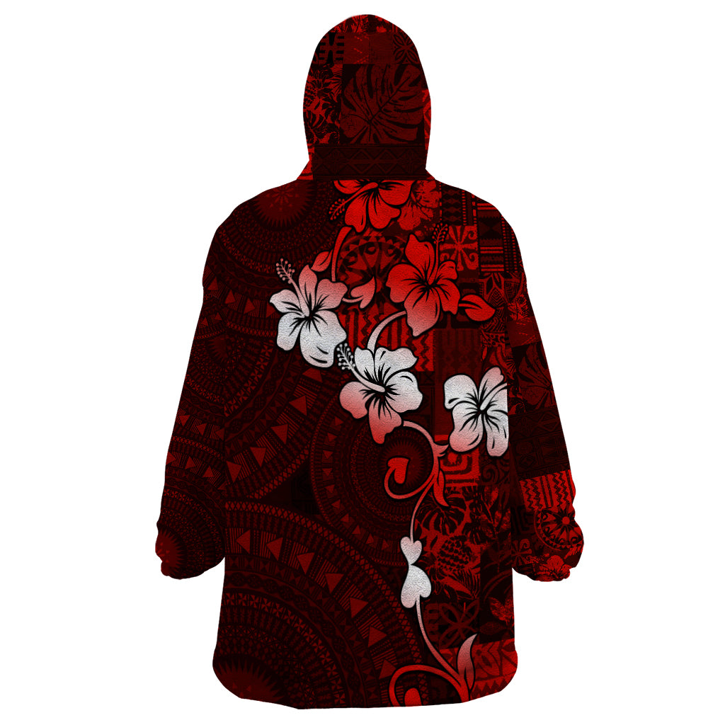 Fiji Masi Wearable Blanket Hoodie Fijian Hibiscus Tapa Red Version LT01 - Polynesian Pride
