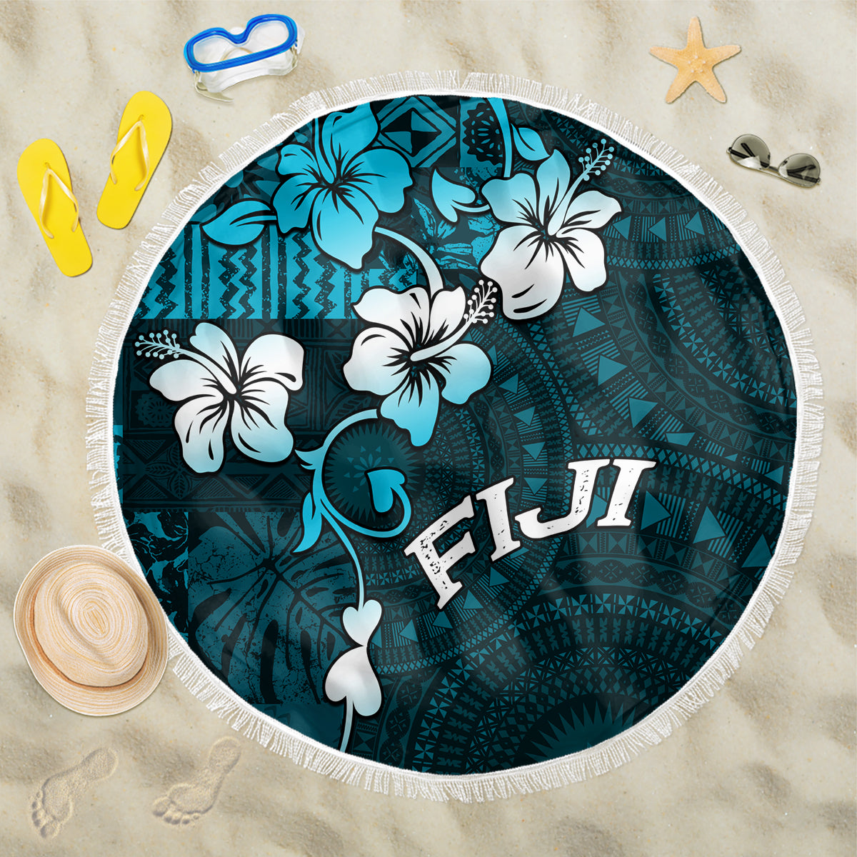 Fiji Masi Beach Blanket Fijian Hibiscus Tapa Sky Blue Version LT01 One Size 150cm Blue - Polynesian Pride