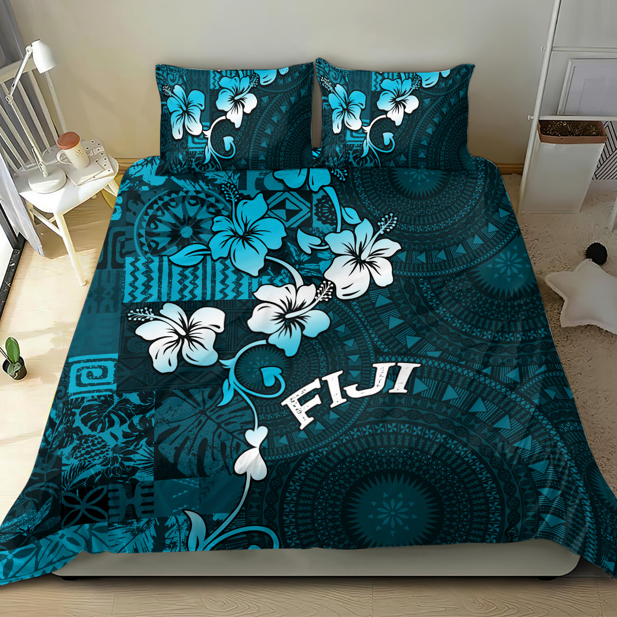 Fiji Masi Bedding Set Fijian Hibiscus Tapa Sky Blue Version LT01 - Polynesian Pride