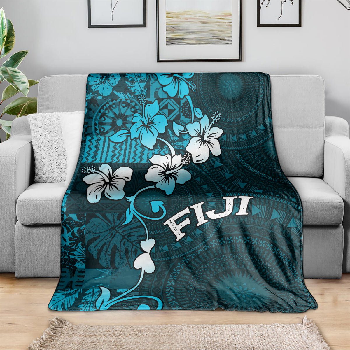 Fiji Masi Blanket Fijian Hibiscus Tapa Sky Blue Version LT01 - Polynesian Pride