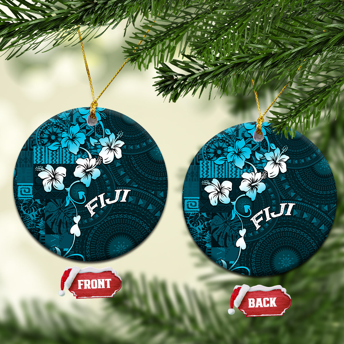 Fiji Masi Ceramic Ornament Fijian Hibiscus Tapa Sky Blue Version LT01 Circle Blue - Polynesian Pride