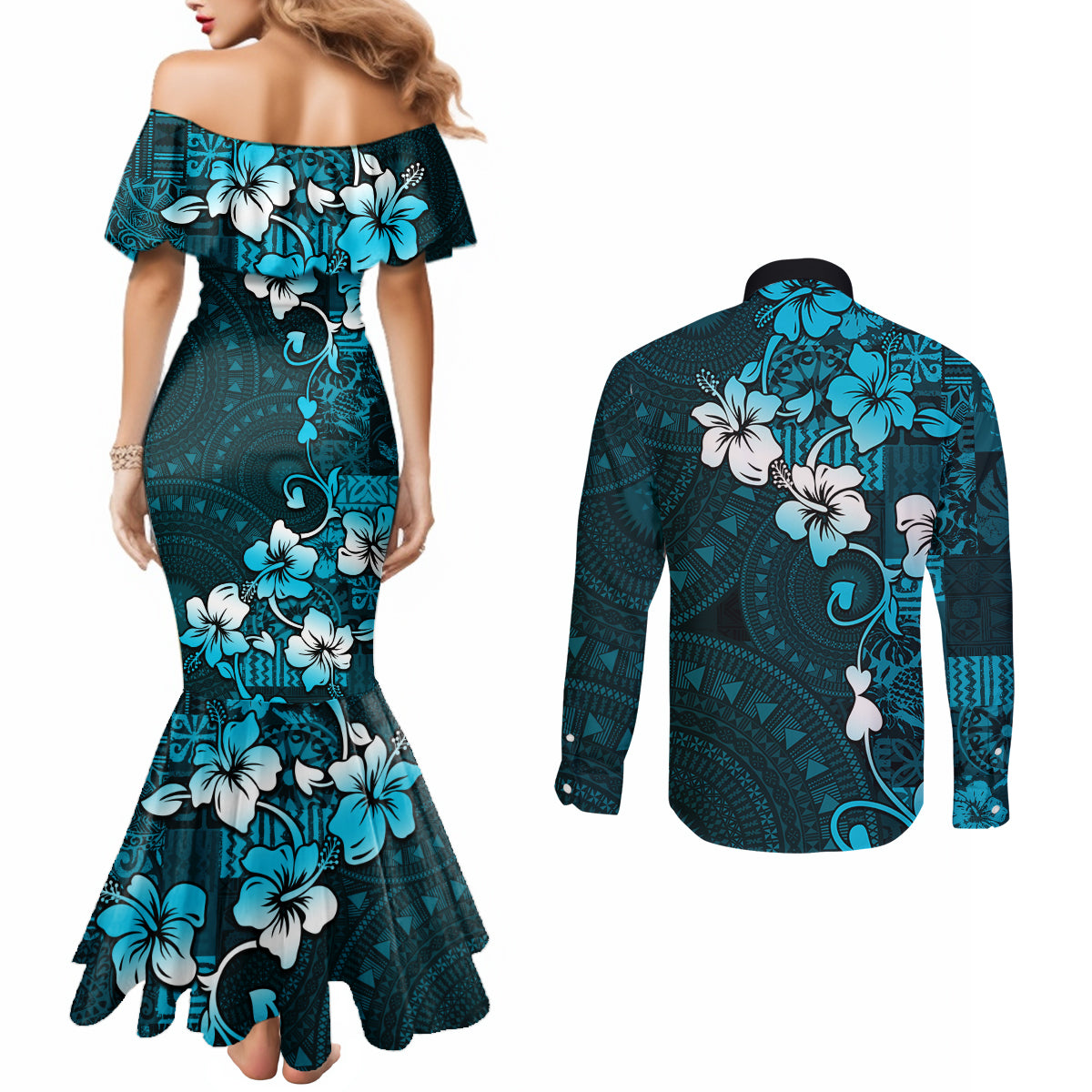 Fiji Masi Couples Matching Mermaid Dress and Long Sleeve Button Shirt Fijian Hibiscus Tapa Sky Blue Version LT01 - Polynesian Pride