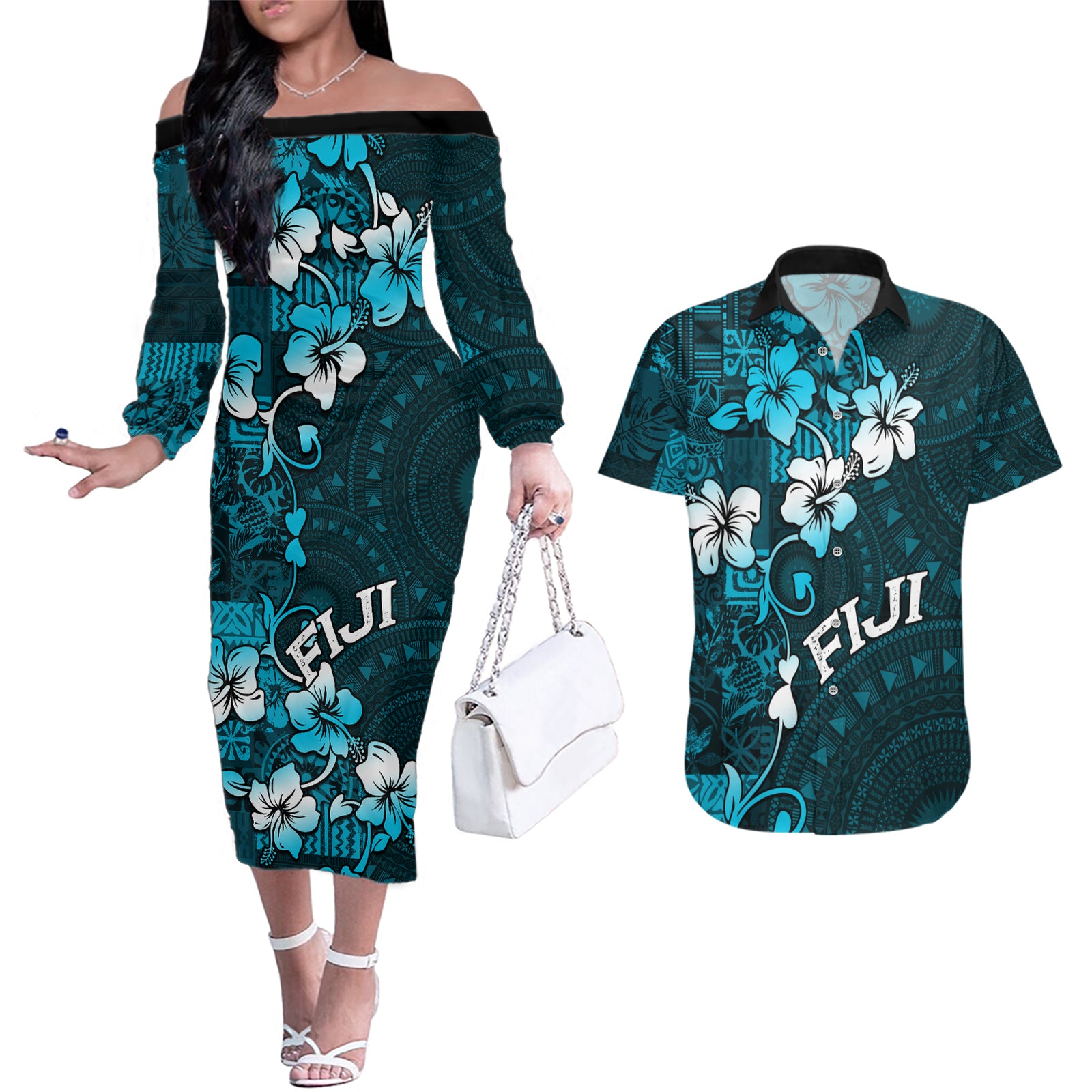Fiji Masi Couples Matching Off The Shoulder Long Sleeve Dress and Hawaiian Shirt Fijian Hibiscus Tapa Sky Blue Version LT01 Blue - Polynesian Pride
