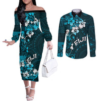 Fiji Masi Couples Matching Off The Shoulder Long Sleeve Dress and Long Sleeve Button Shirt Fijian Hibiscus Tapa Sky Blue Version LT01 Blue - Polynesian Pride