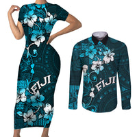 Fiji Masi Couples Matching Short Sleeve Bodycon Dress and Long Sleeve Button Shirt Fijian Hibiscus Tapa Sky Blue Version LT01 Blue - Polynesian Pride