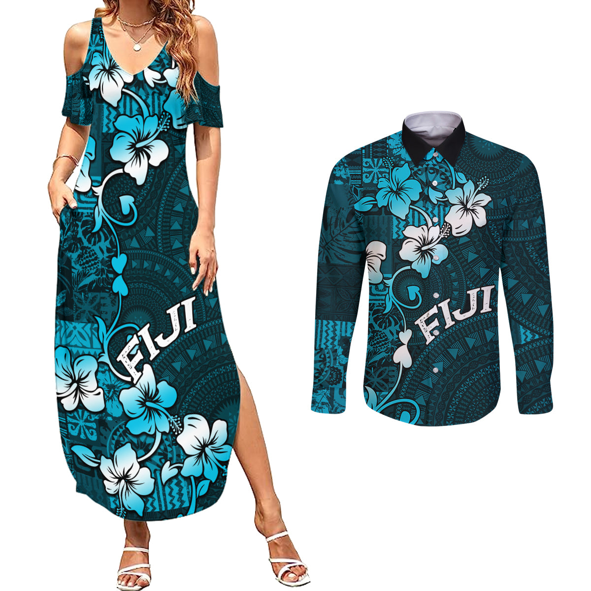 Fiji Masi Couples Matching Summer Maxi Dress and Long Sleeve Button Shirt Fijian Hibiscus Tapa Sky Blue Version LT01 Blue - Polynesian Pride