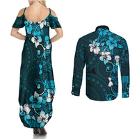 Fiji Masi Couples Matching Summer Maxi Dress and Long Sleeve Button Shirt Fijian Hibiscus Tapa Sky Blue Version LT01 - Polynesian Pride