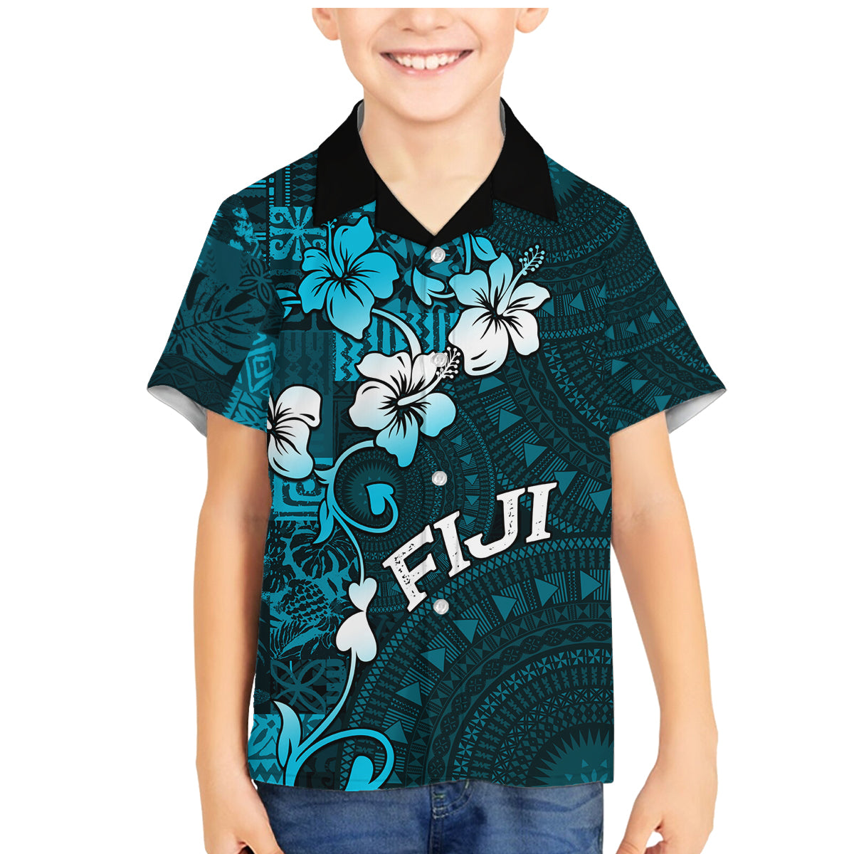 Fiji Masi Family Matching Mermaid Dress and Hawaiian Shirt Fijian Hibiscus Tapa Sky Blue Version LT01 Son's Shirt Blue - Polynesian Pride