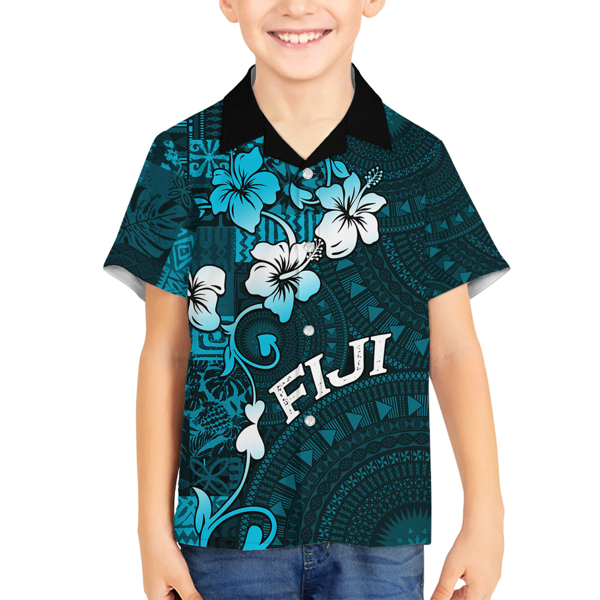 Fiji Masi Family Matching Off Shoulder Long Sleeve Dress and Hawaiian Shirt Fijian Hibiscus Tapa Sky Blue Version LT01 Son's Shirt Blue - Polynesian Pride