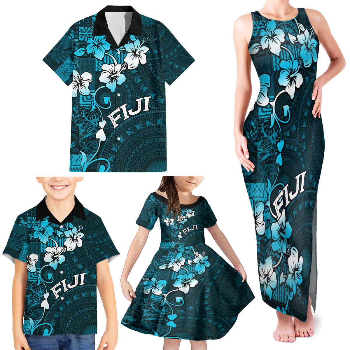 Fiji Masi Family Matching Tank Maxi Dress and Hawaiian Shirt Fijian Hibiscus Tapa Sky Blue Version LT01 - Polynesian Pride