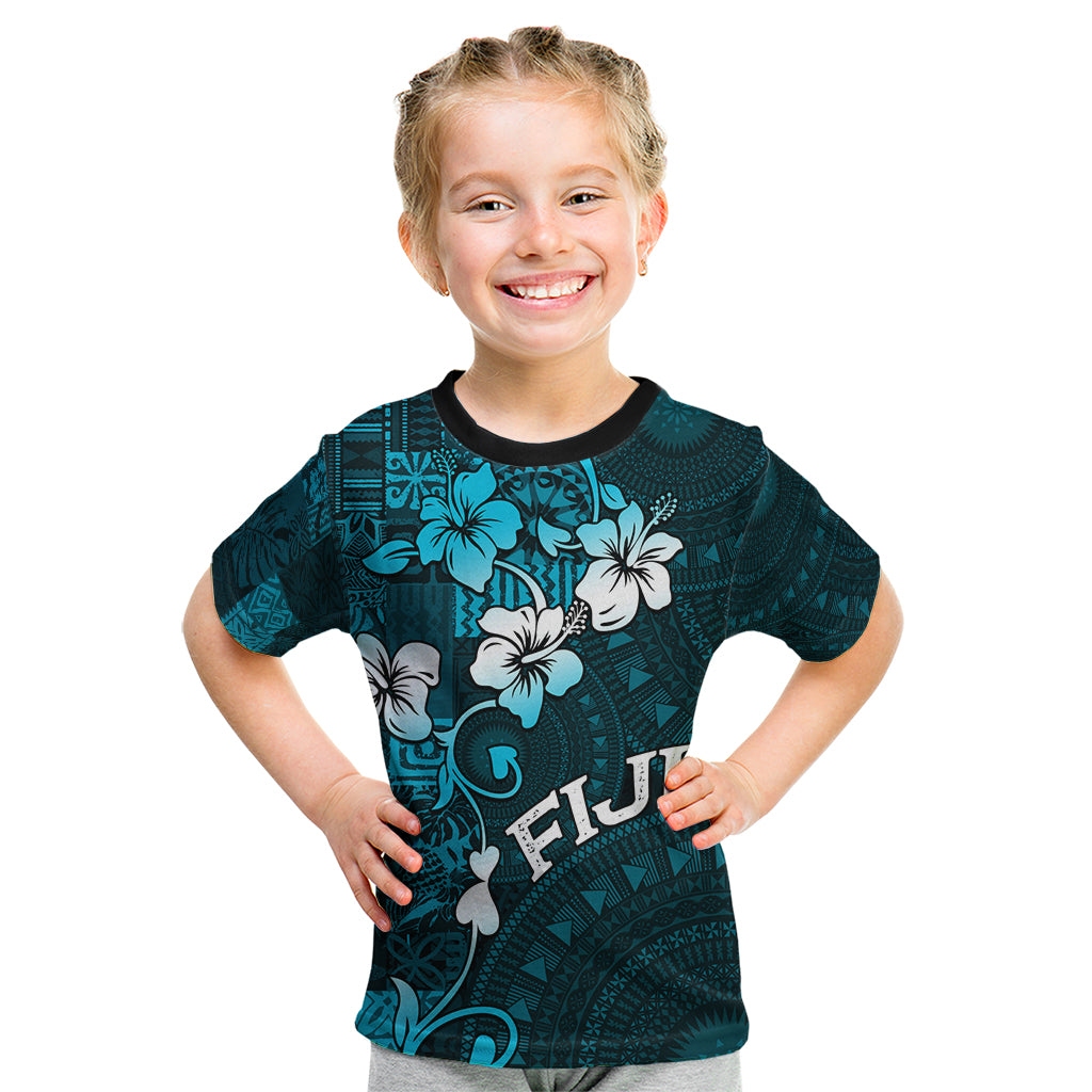 Fiji Masi Kid T Shirt Fijian Hibiscus Tapa Sky Blue Version LT01 Blue - Polynesian Pride