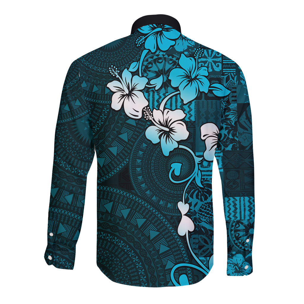 Fiji Masi Long Sleeve Button Shirt Fijian Hibiscus Tapa Sky Blue Version LT01 - Polynesian Pride