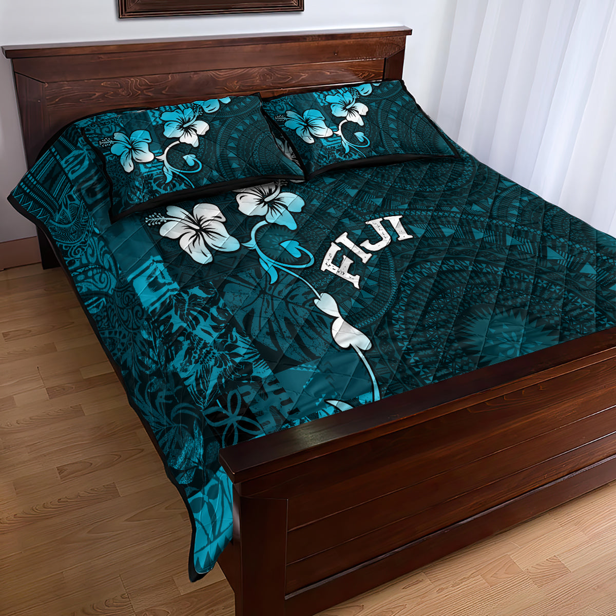 Fiji Masi Quilt Bed Set Fijian Hibiscus Tapa Sky Blue Version LT01 - Polynesian Pride