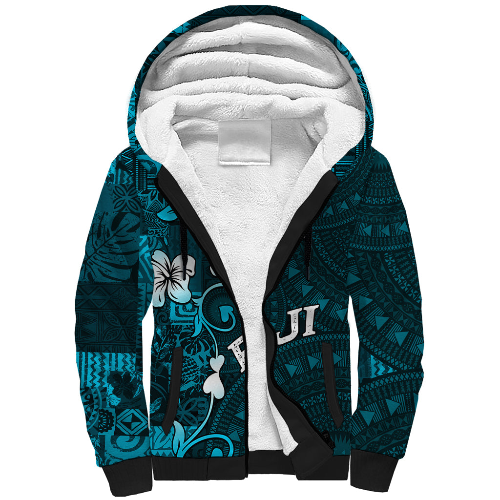 Fiji Masi Sherpa Hoodie Fijian Hibiscus Tapa Sky Blue Version LT01 Unisex Blue - Polynesian Pride