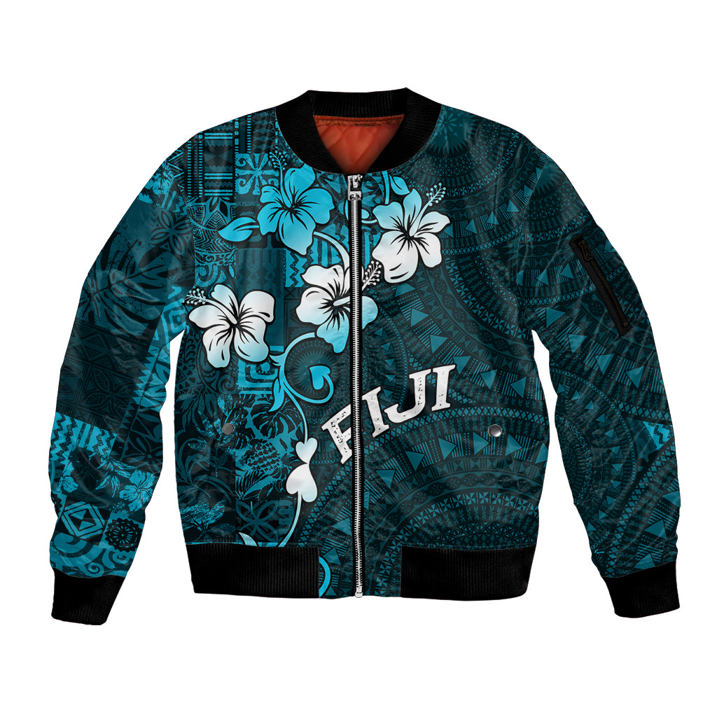 Fiji Masi Sleeve Zip Bomber Jacket Fijian Hibiscus Tapa Sky Blue Version LT01 Unisex Blue - Polynesian Pride