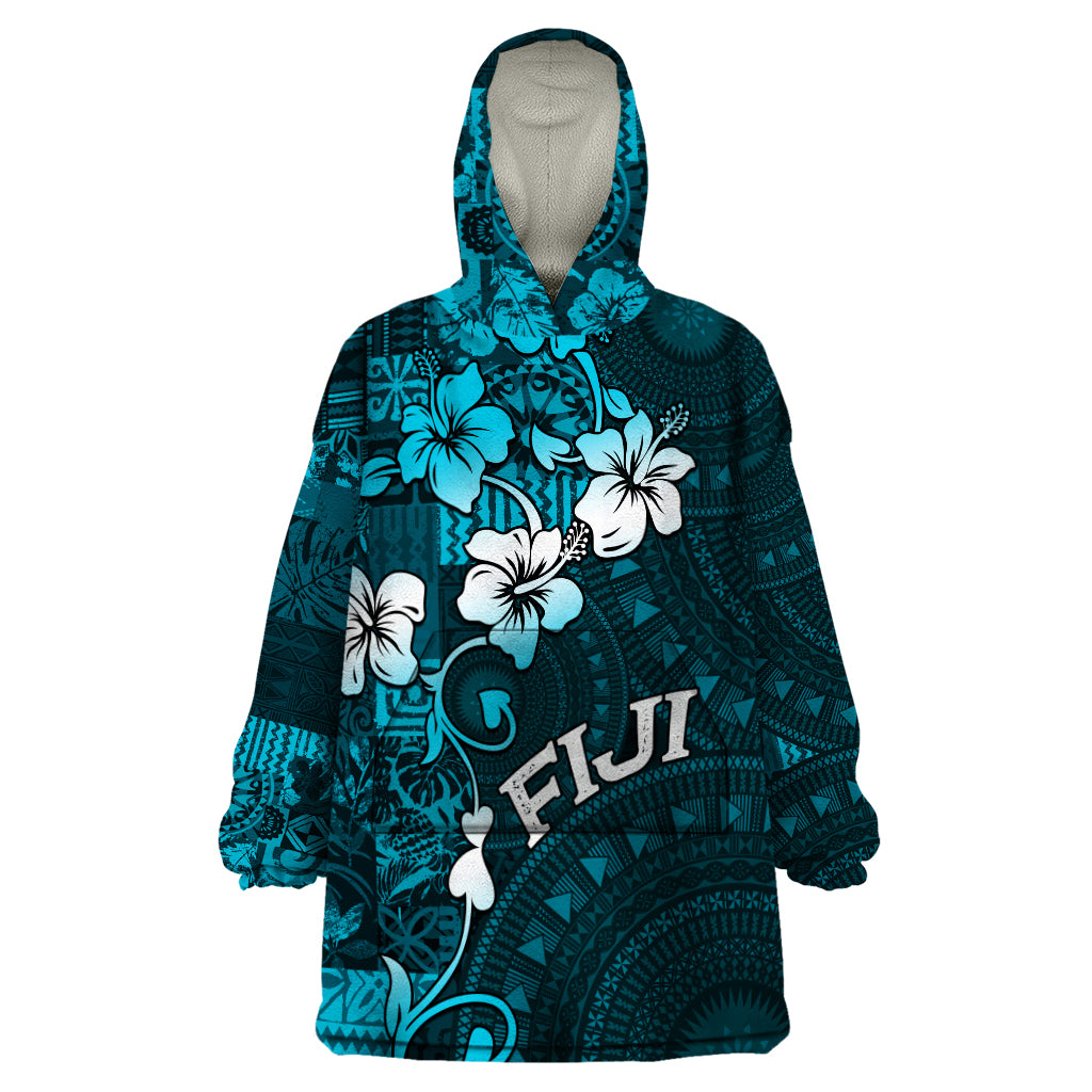 Fiji Masi Wearable Blanket Hoodie Fijian Hibiscus Tapa Sky Blue Version LT01 One Size Blue - Polynesian Pride