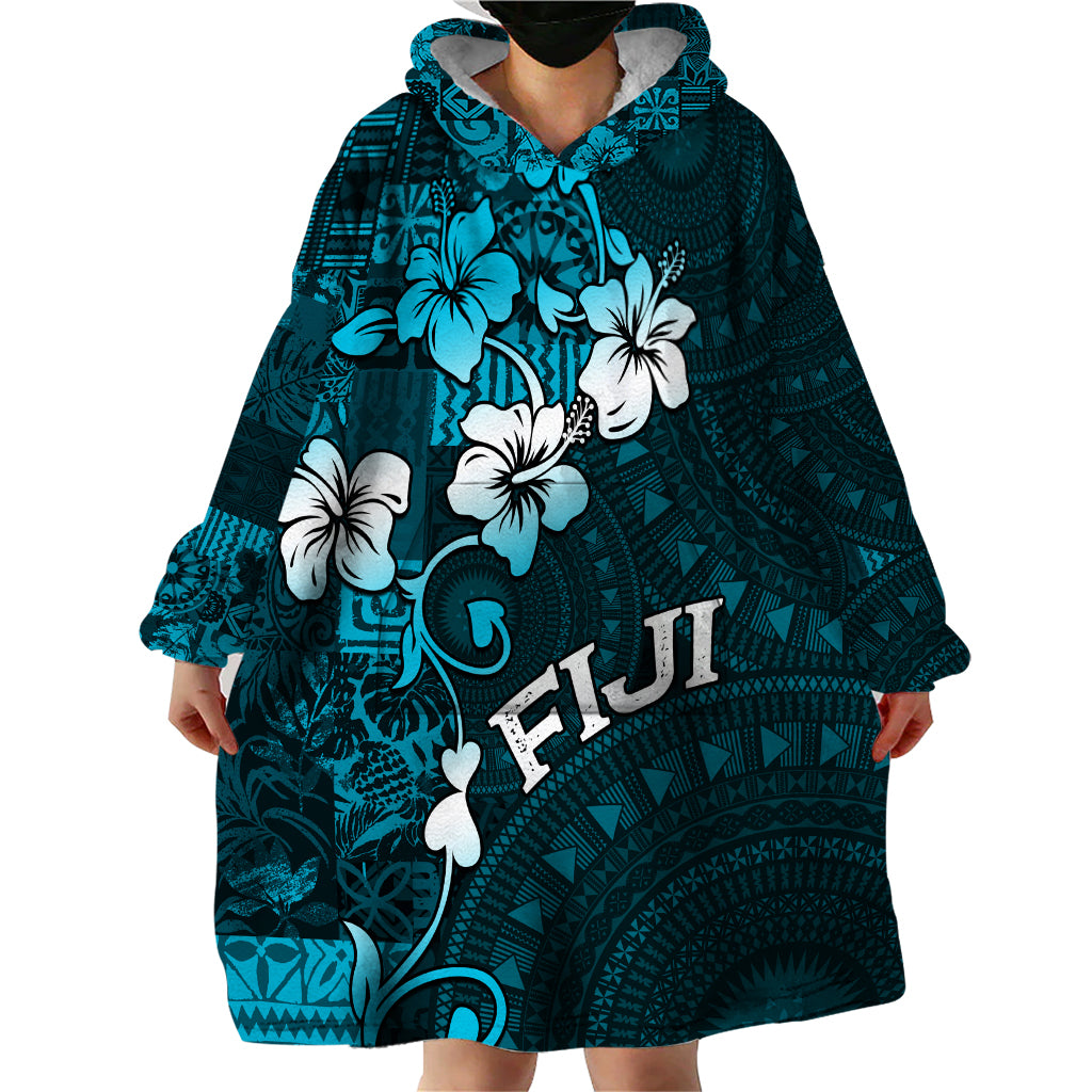 Fiji Masi Wearable Blanket Hoodie Fijian Hibiscus Tapa Sky Blue Version LT01 - Polynesian Pride