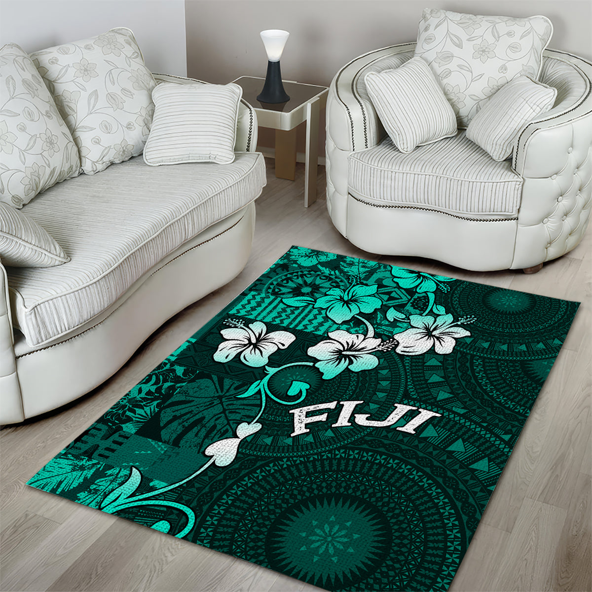 Fiji Masi Area Rug Fijian Hibiscus Tapa Turquoise Version LT01 - Polynesian Pride
