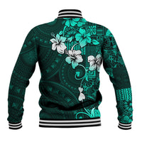 Fiji Masi Baseball Jacket Fijian Hibiscus Tapa Turquoise Version LT01 - Polynesian Pride